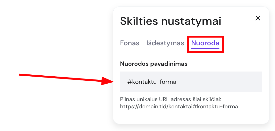 Skilties nustatymai Hostinger svetainių kūrimo įrankyje
