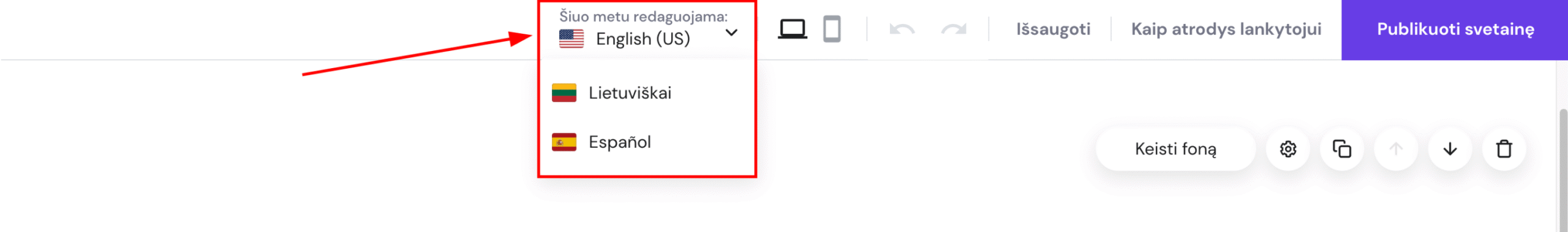 Mygtukas, skirtas perjungti svetainės kalbą Hostinger svetainių kūrimo įrankyje