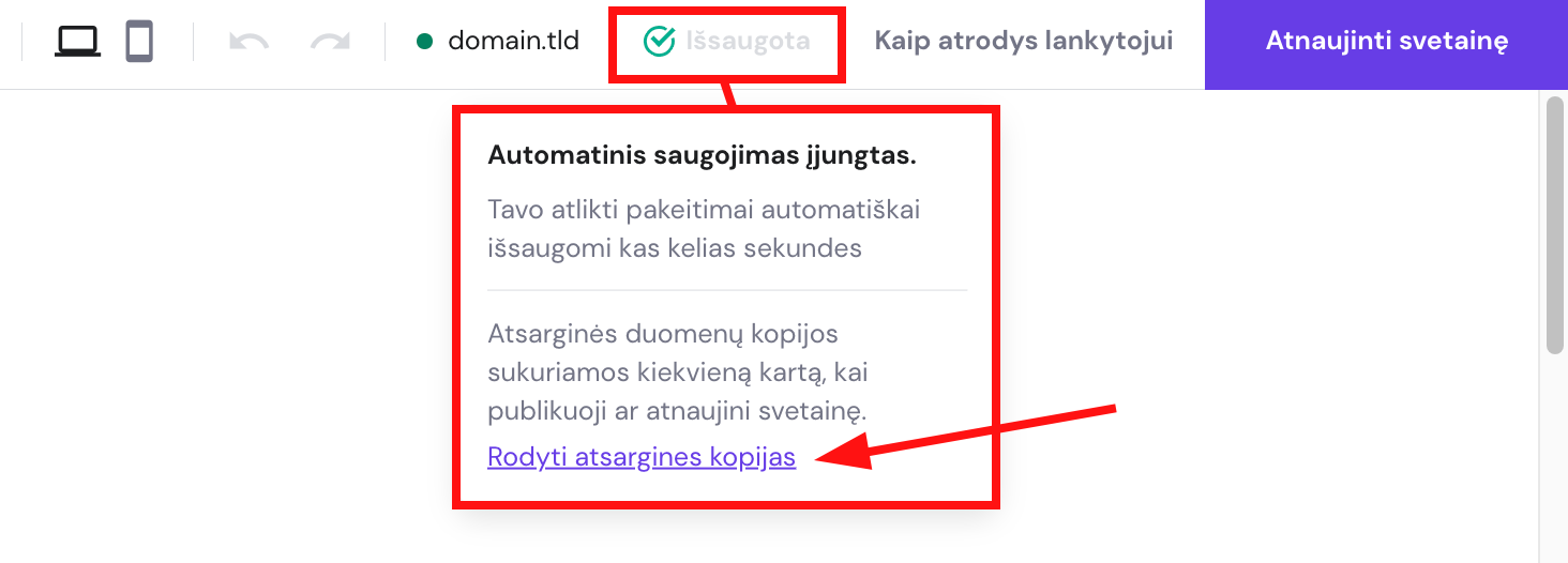 Su Hostinger svetainių kūrimo įrankiu sukurtos svetainės atsarginių versijų peržiūra