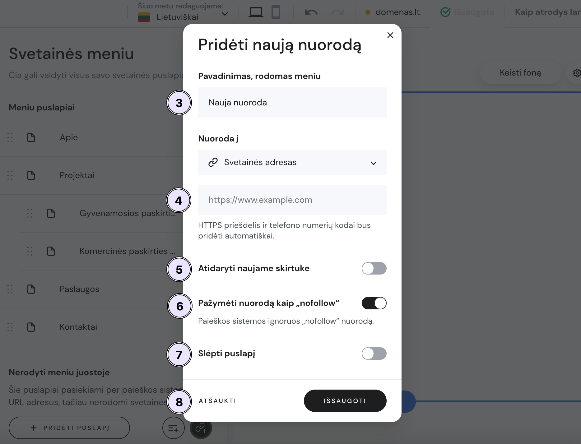 Iššokantis nustatymų langas leidžia pridėti nuorodą svetainės meniu juostoje