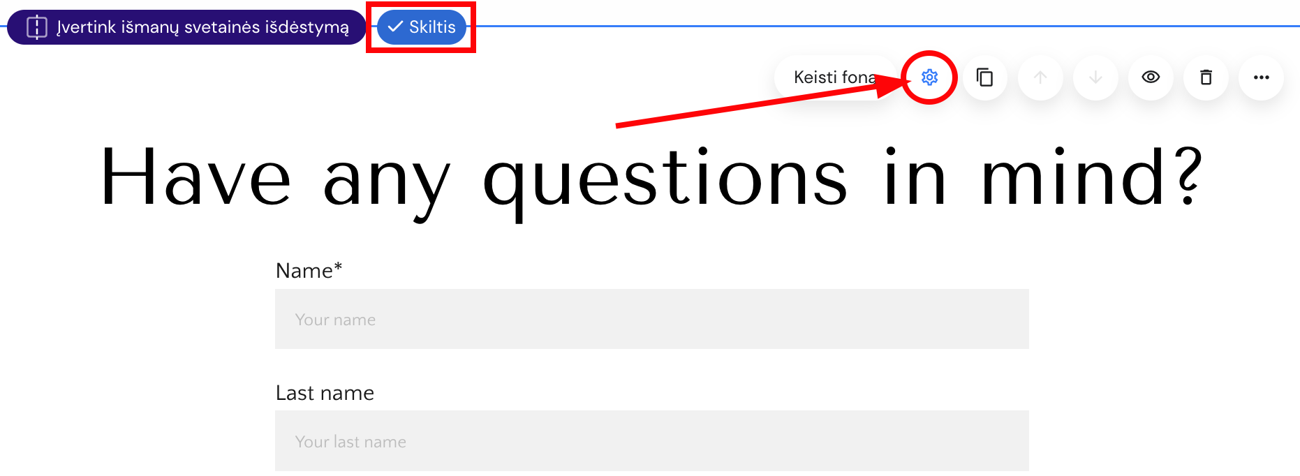 Skilties nustatymai Hostinger svetainių kūrimo įrankyje