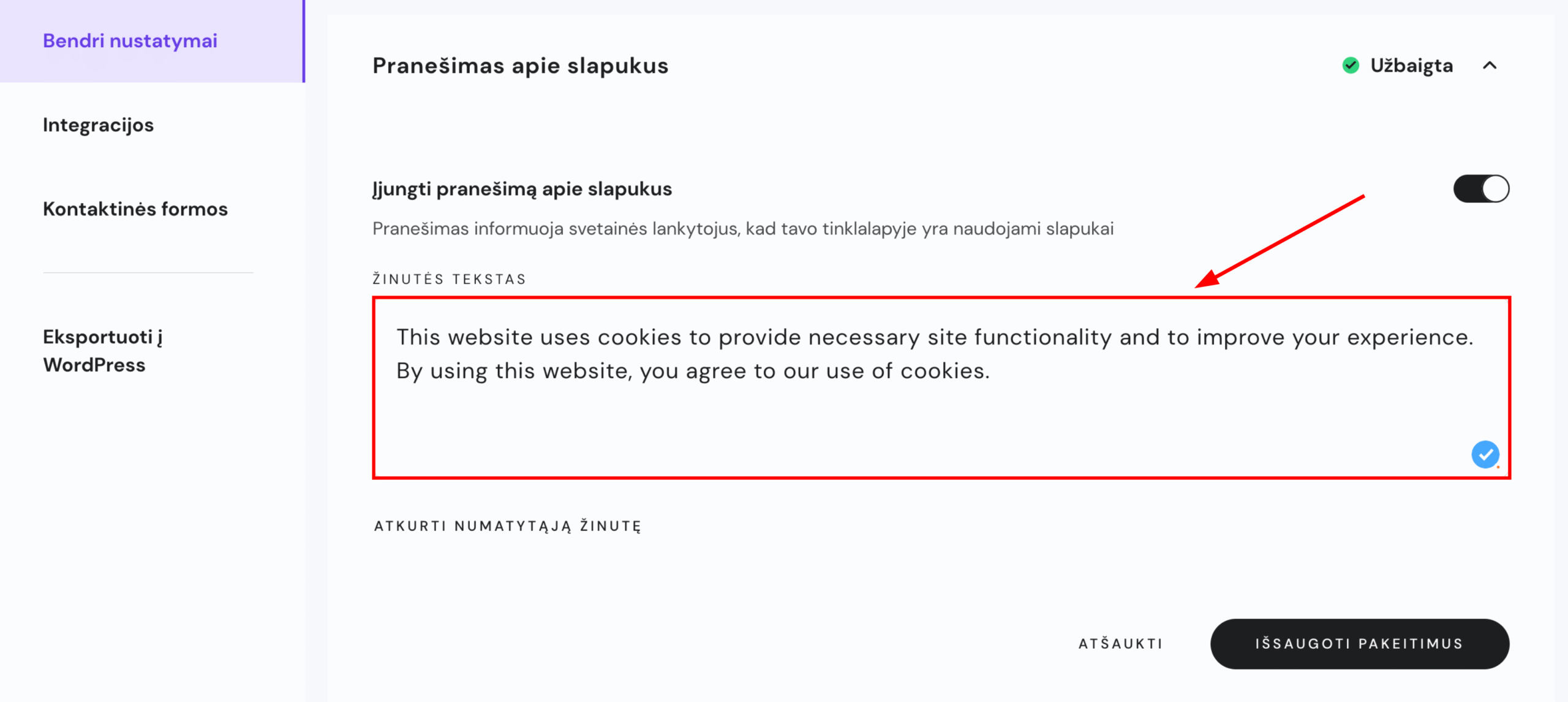 Čia rankiniu būdu į norimą kalbą galima išversti pranešimą apie slapukus
