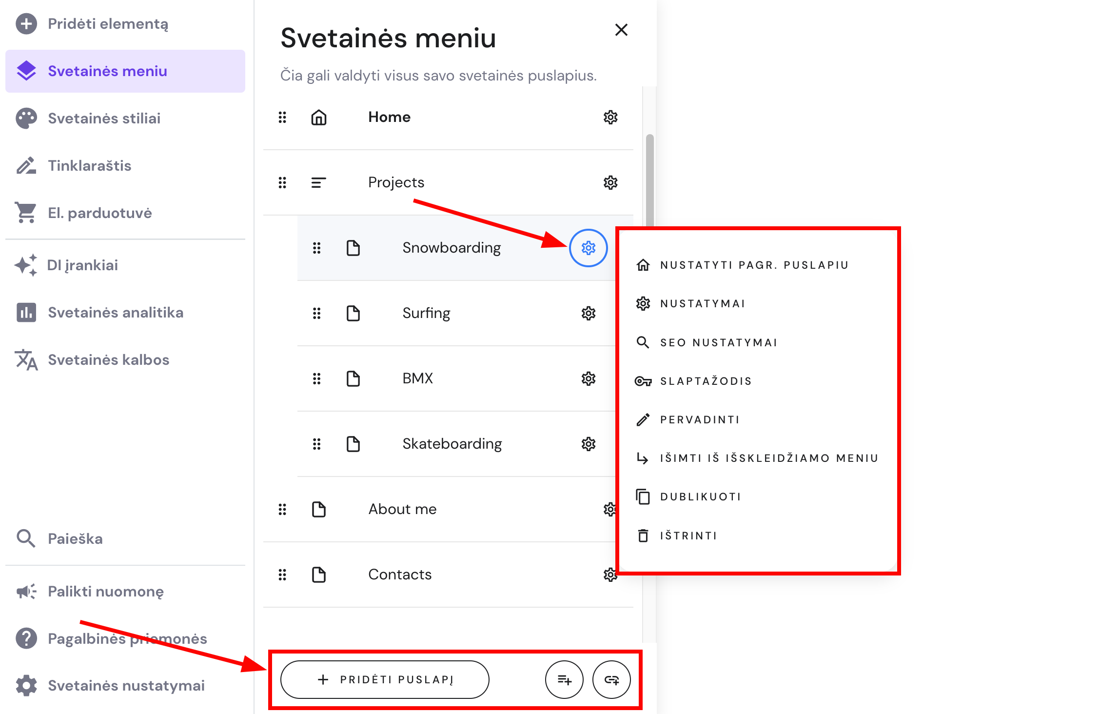 Svetainės meniu valdymo parinktys