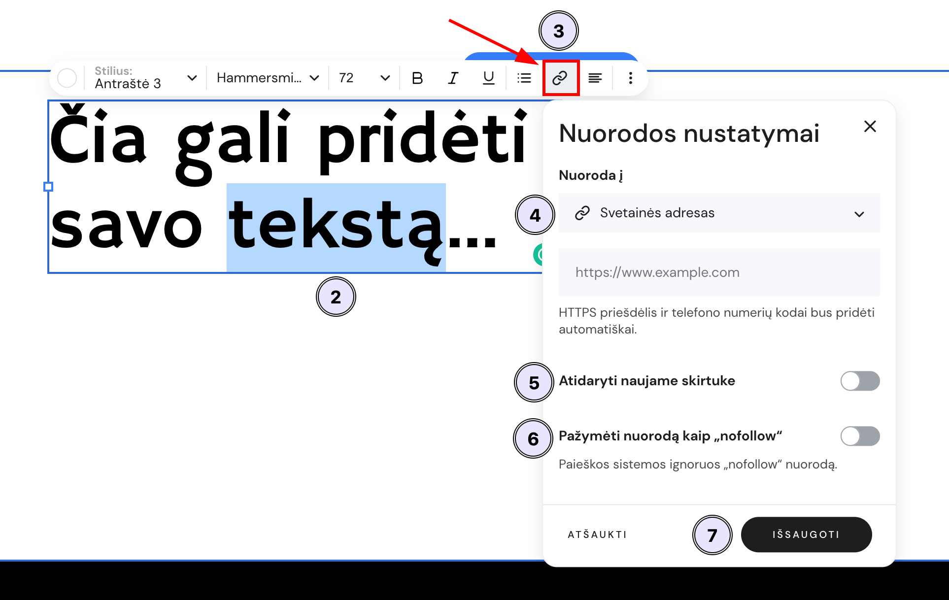 Nuorodos nustatymai, randami siejant tekstą su nuorodą (naudojant teksto elementą)