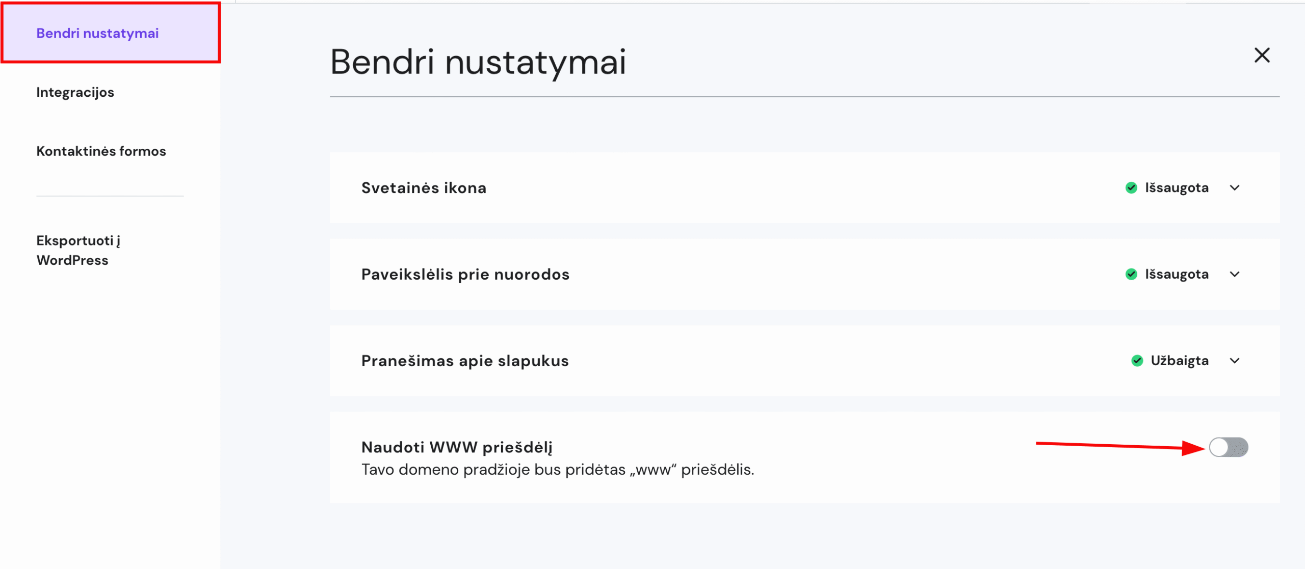 Bendri svetainės nustatymai Hostinger svetainių kūrimo įrankyje
