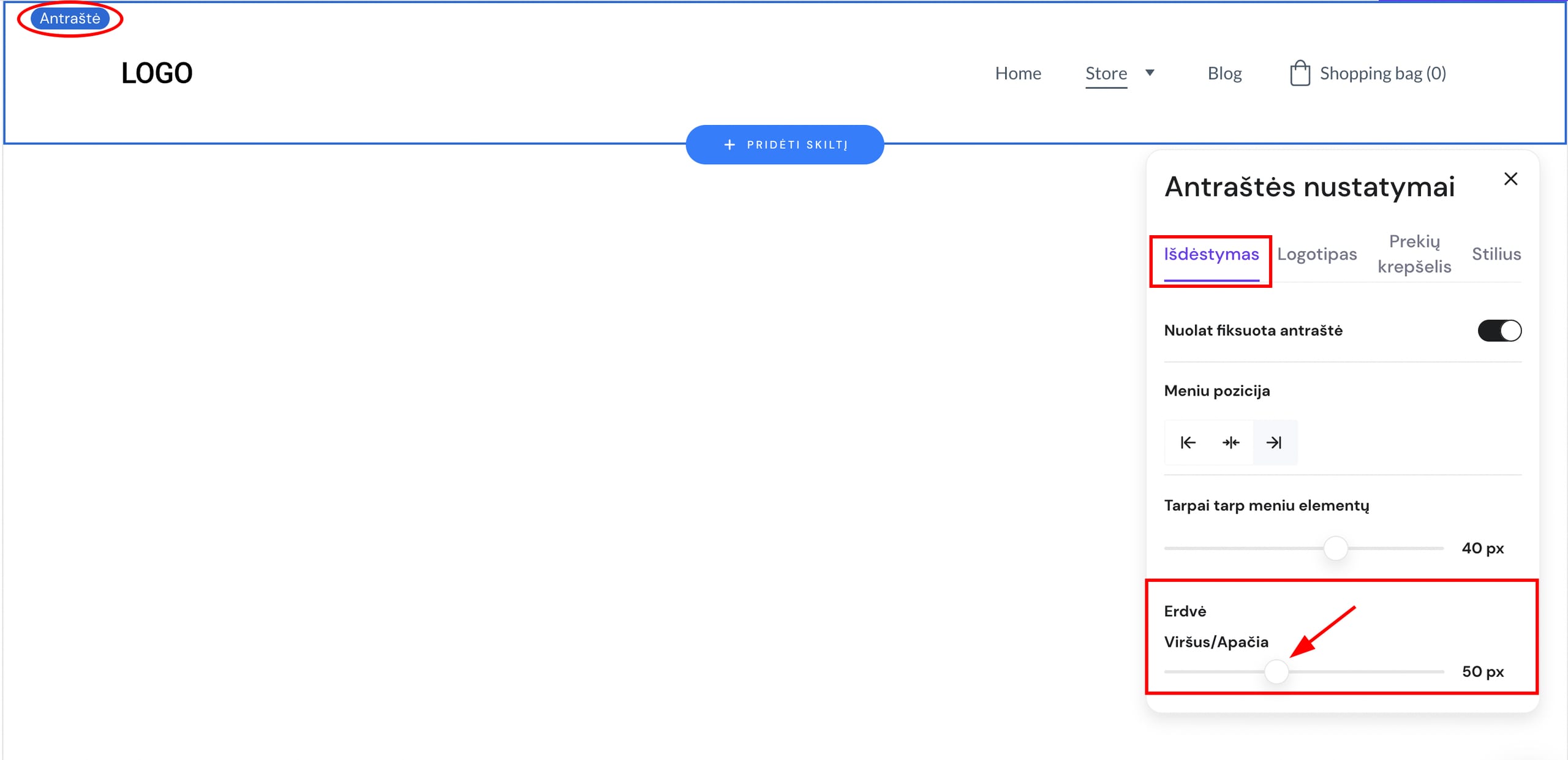 Meniu juostos aukščio keitimas svetainės antraštės išdėstymo nustatymuose