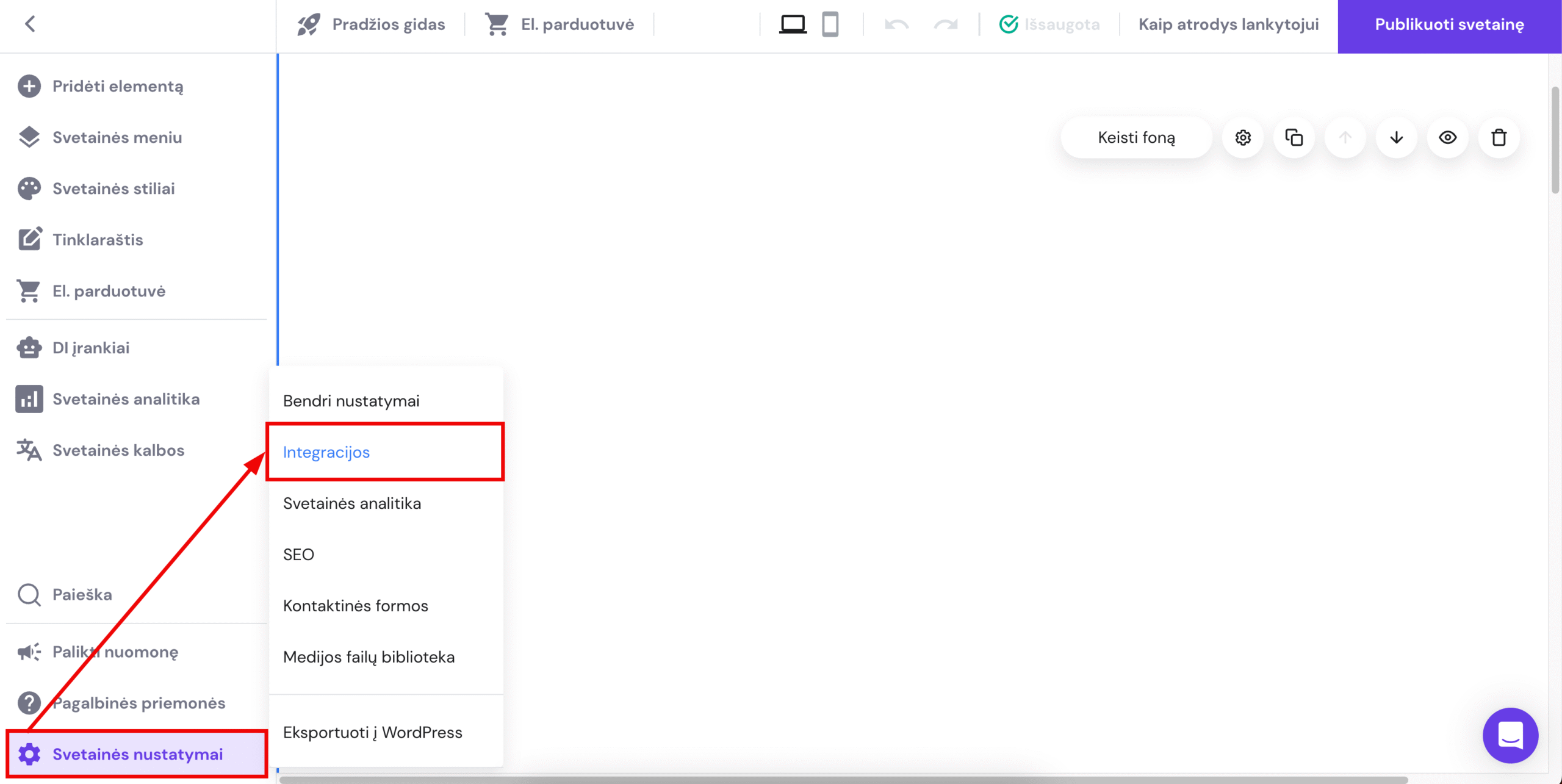Integracijų nustatymai Hostinger svetainių kūrimo įrankyje