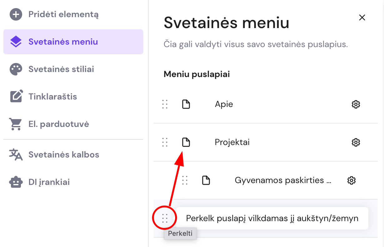 Puslapis tempiamas į išskleidžiamąjį meniu