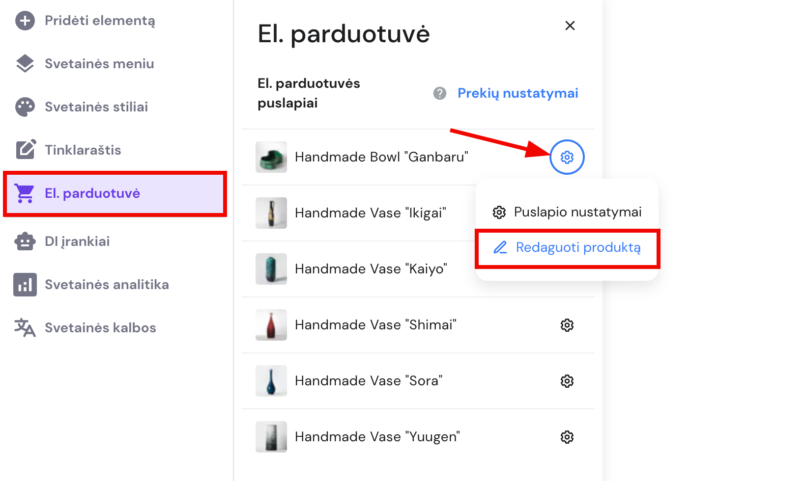 Būdas redaguoti konkretų produktą