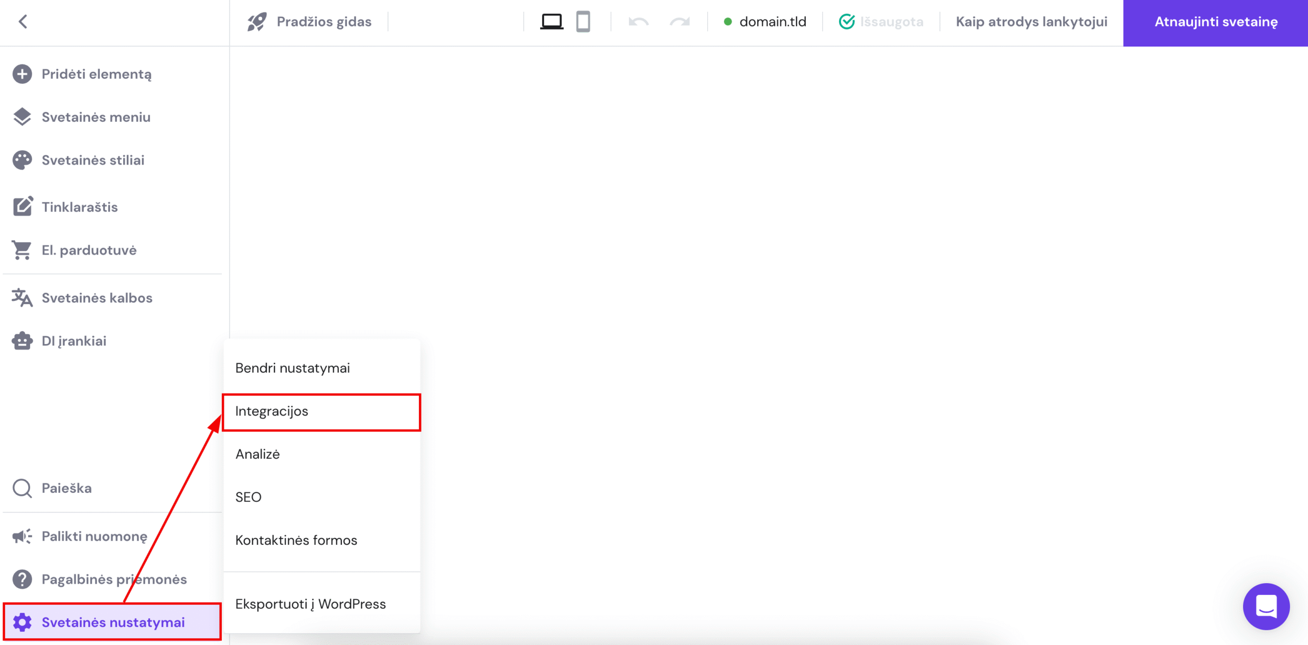 Integracijų nustatymai Hostinger svetainių kūrimo įrankyje