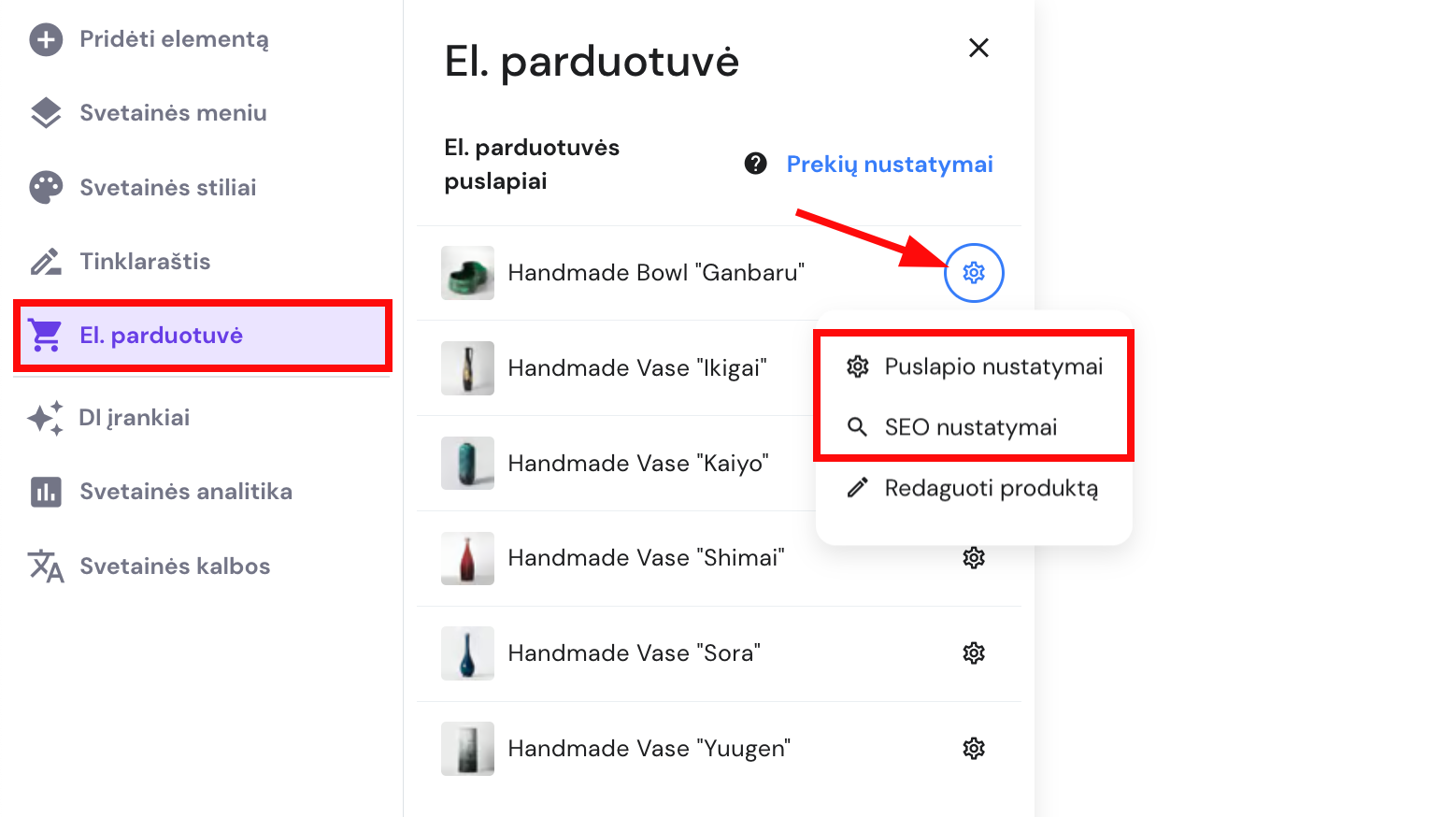 Mygtukas, leidžiantis redaguoti produkto puslapio nustatymus