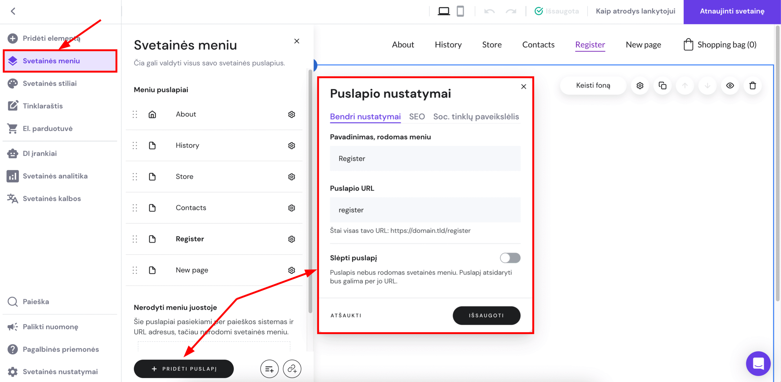 Svetainės redagavimo aplinkoje esanti skiltis Svetainės meniu, mygtukas Pridėti puslapį, puslapio nustatymai