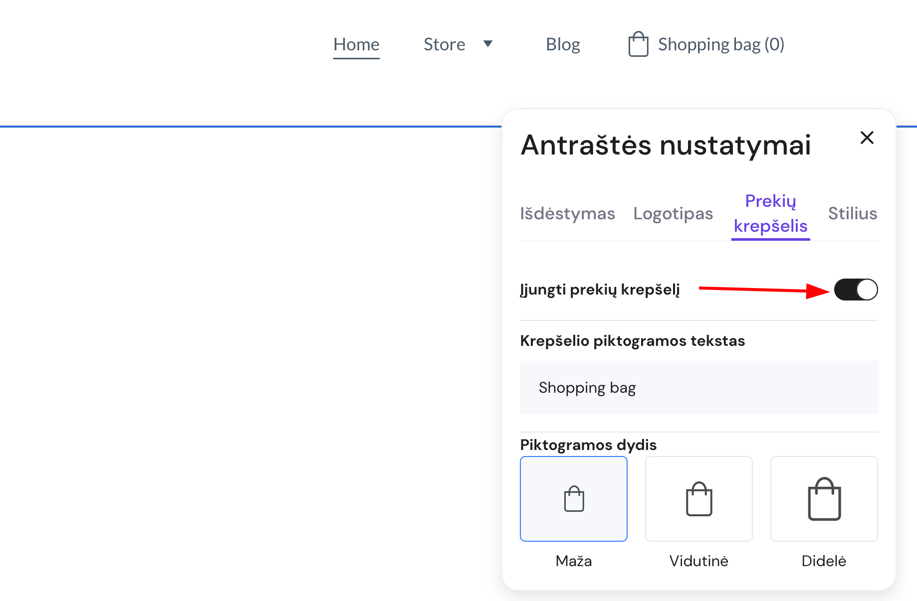 Prekių krepšelio nustatymai Hostinger svetainių kūrimo įrankyje