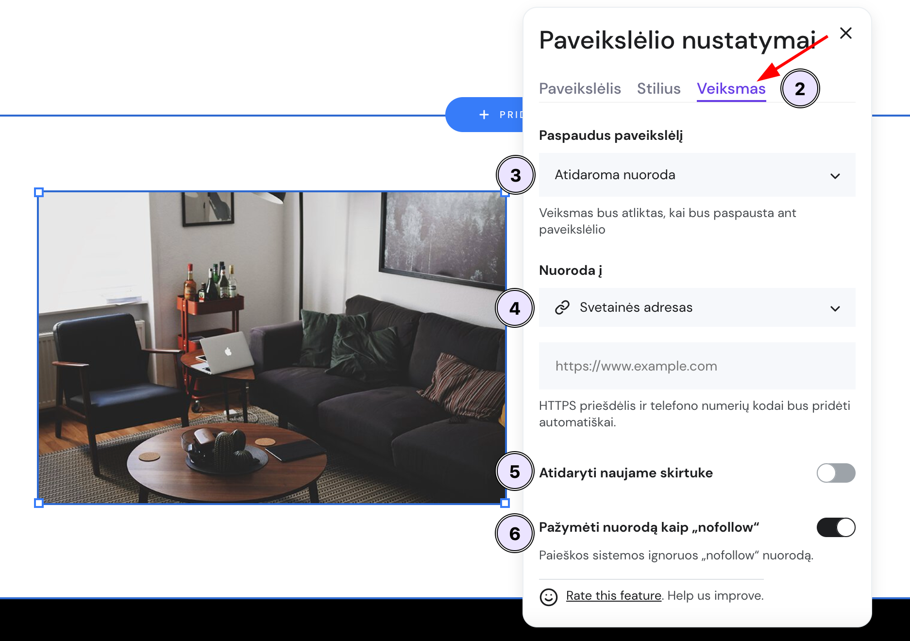 Paveikslėlio nustatymų skiltyje Veiksmas galima nustatyti, kad paspaudus ant paveikslėlio būtų atidaroma nurodyta nuoroda