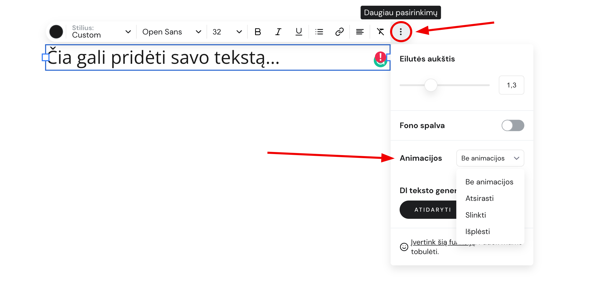 Teksto elemento animacijų nustatymai