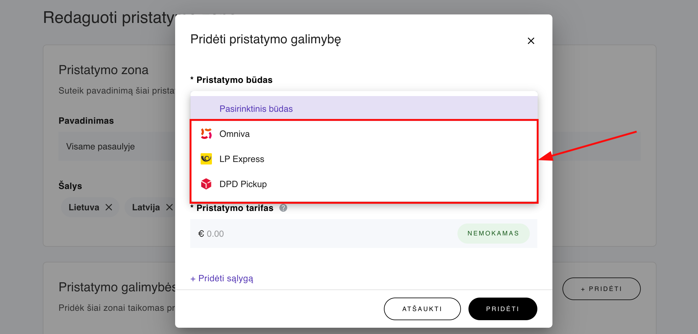 Galimi pristatymo būdai Baltijos šalyse: Omniva, LP Express, DPD paštomatai ir kt.