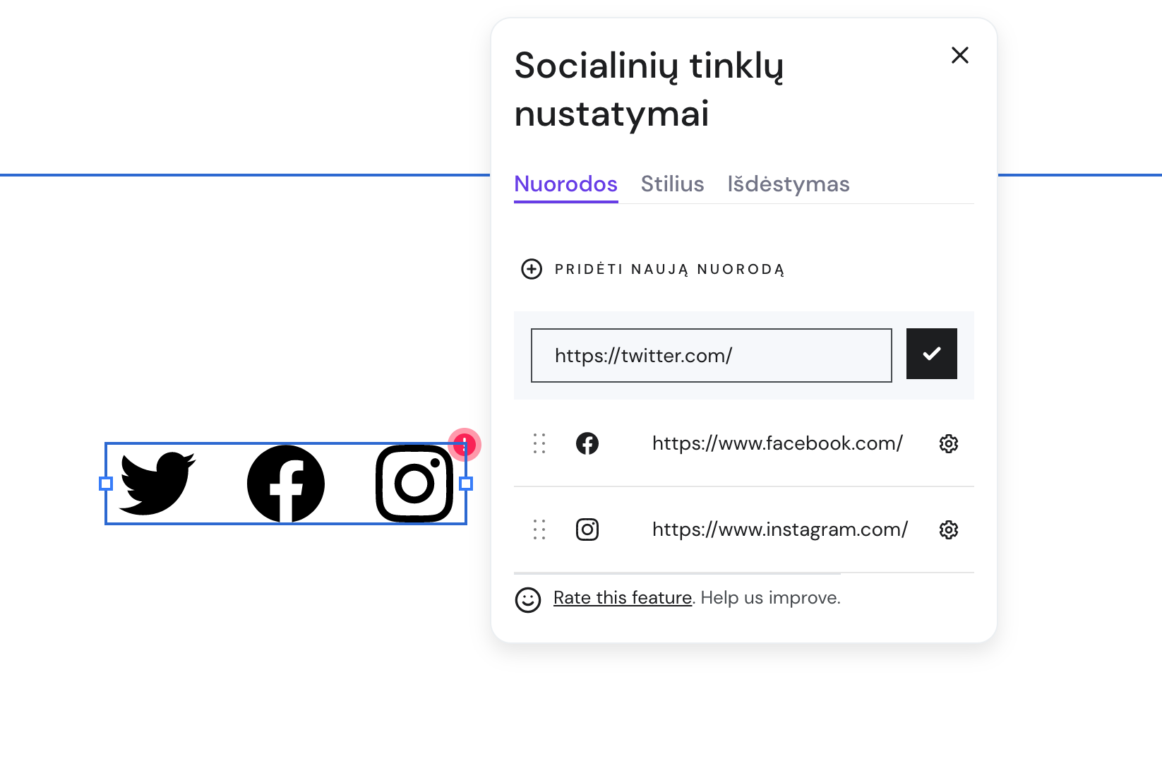Socialinius tinklus iliustruojančios ikonos, susietos su nuorodomis į atitinkamus socialinius tinklus