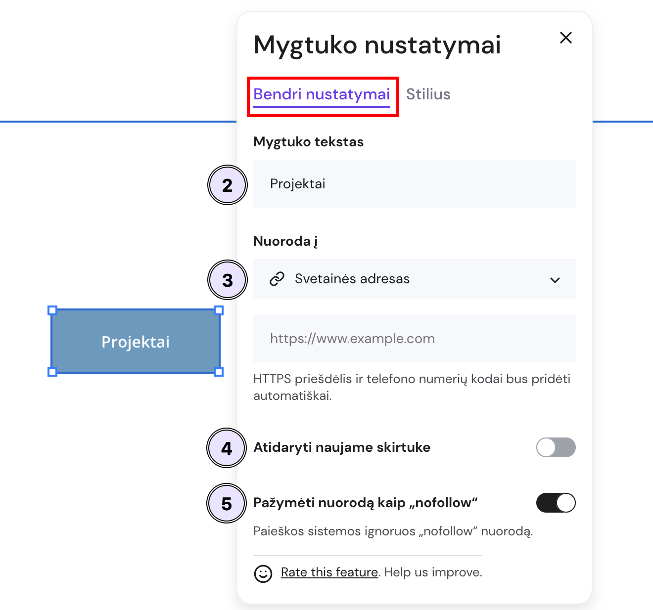 Mygtuko nustatymuose galima susieti mygtuką su nuoroda