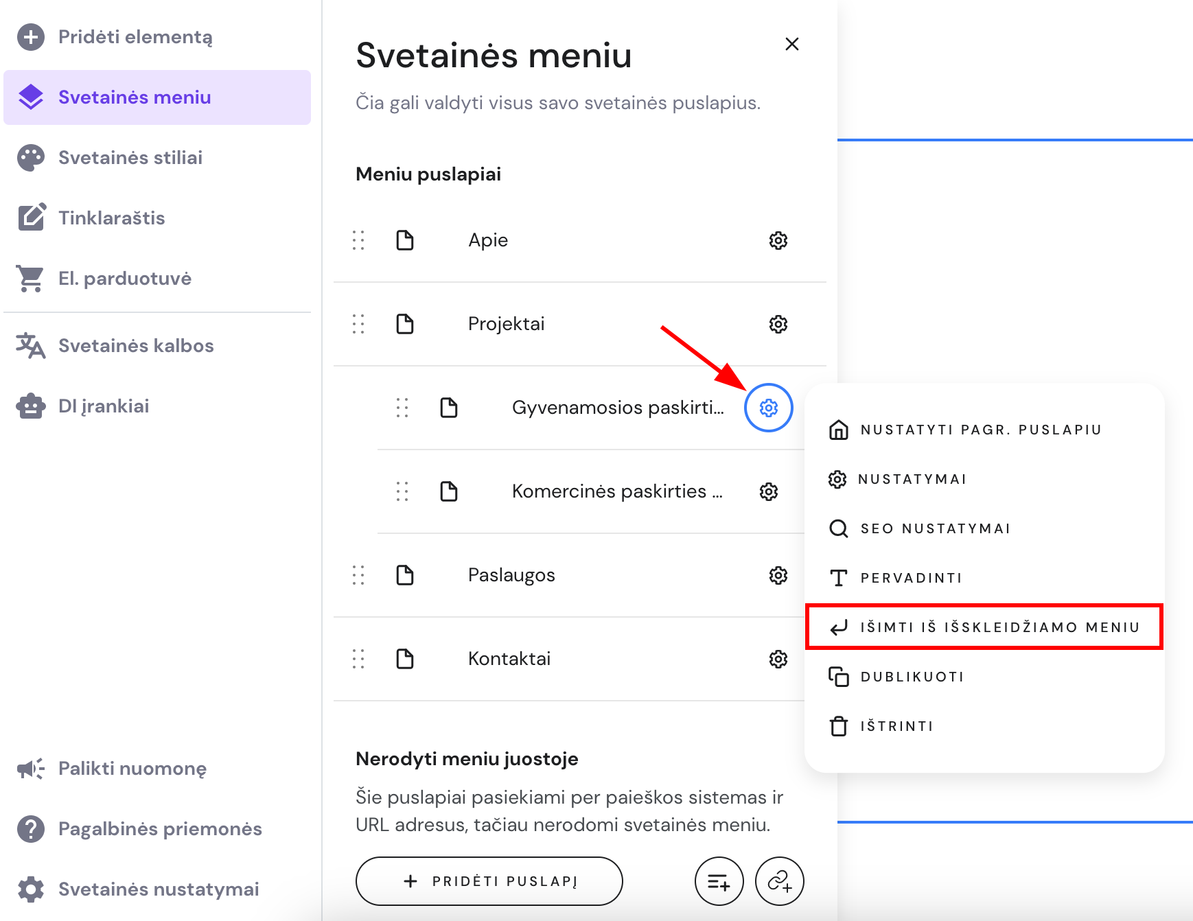 Puslapis pašalinamas iš išskleidžiamojo meniu