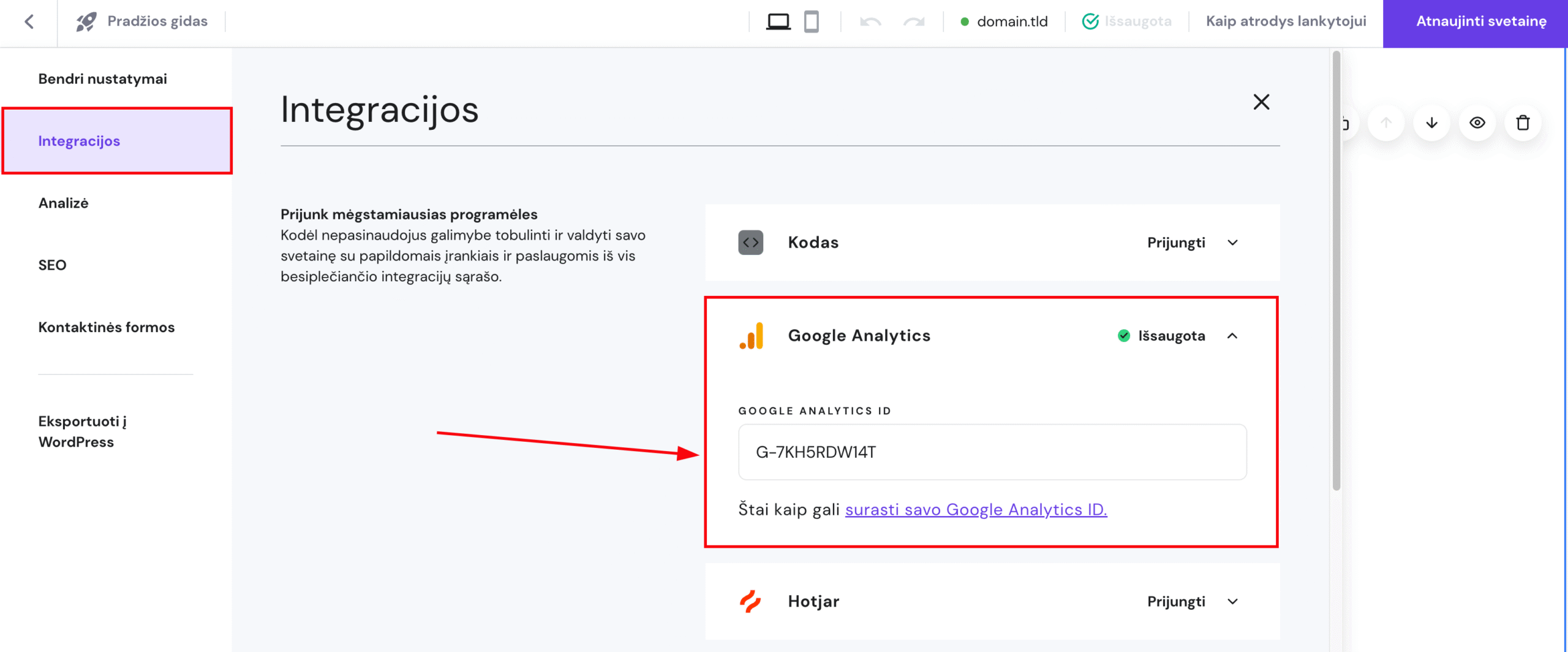 Google Analytics prijungimas Hostinger svetainių kūrimo įrankyje