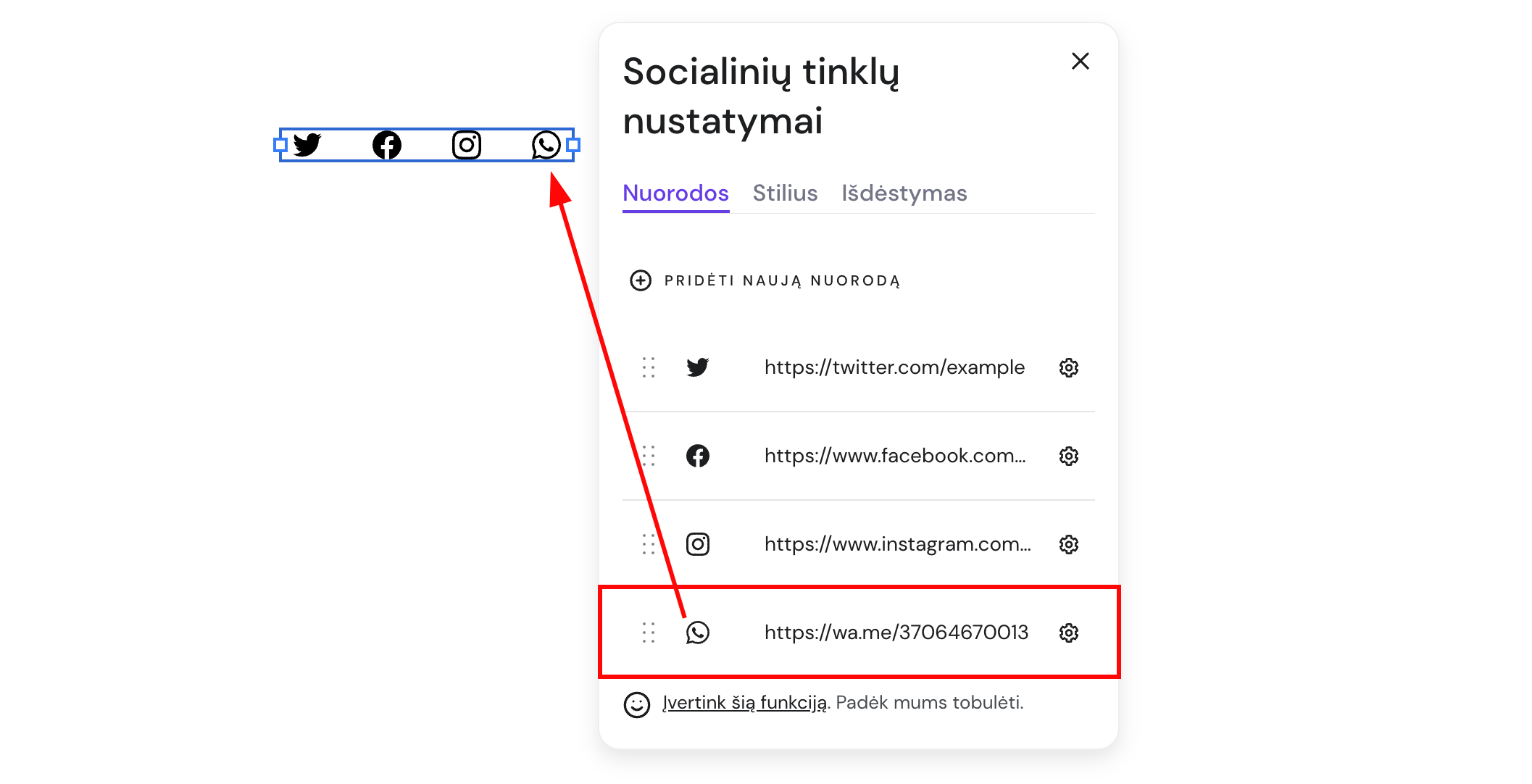 WhatsApp ikona, susieta su specialia nuoroda