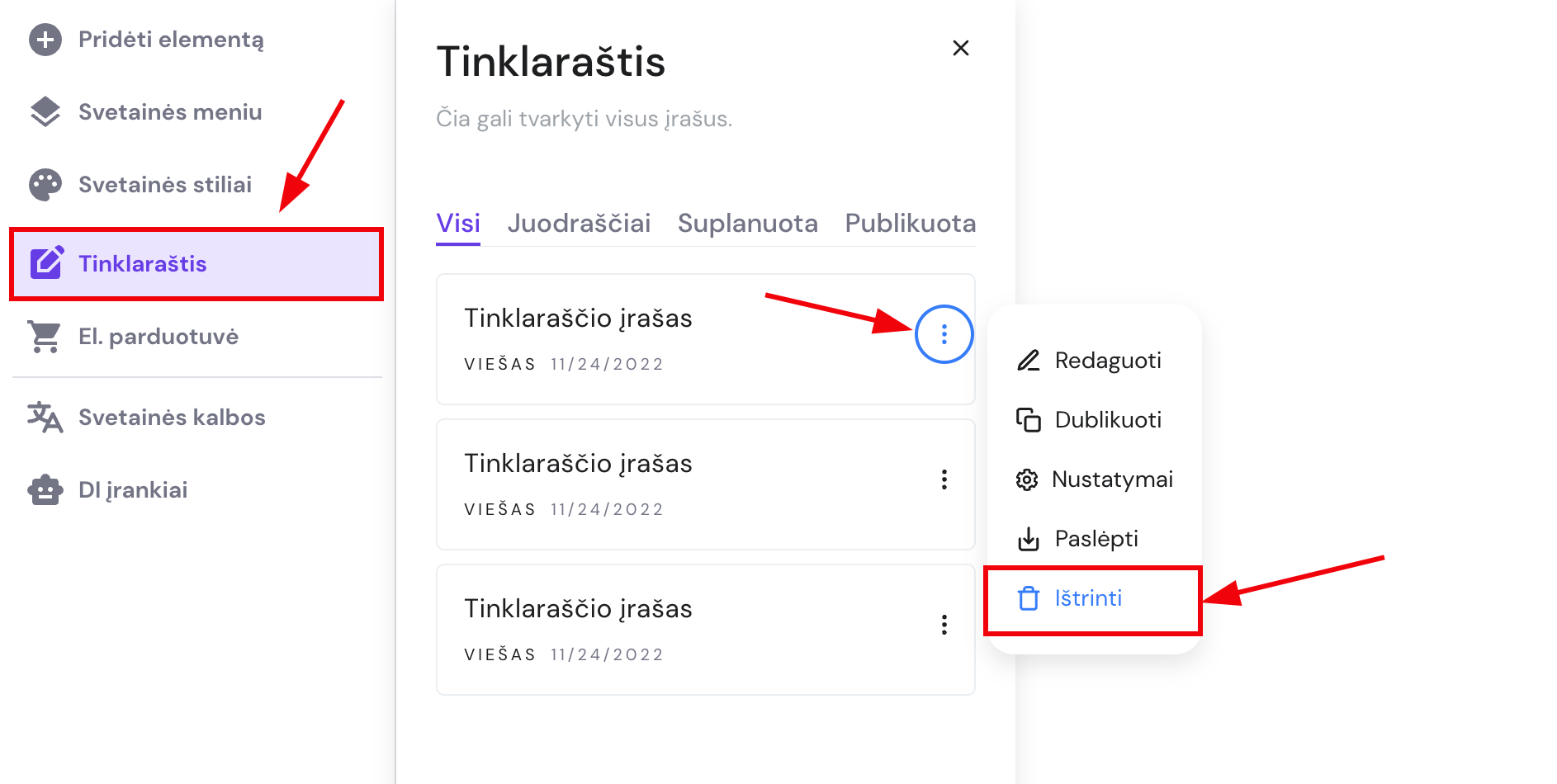Tinklaraščio įrašo nustatymai Hostinger svetainių kūrimo įrankyje