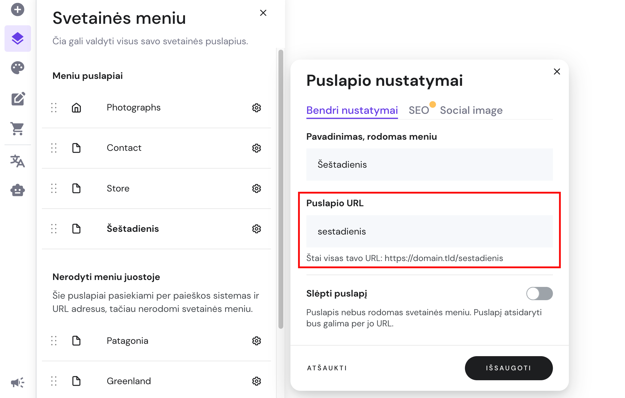 Puslapio nustatymai Hostinger svetainių kūrimo įrankyje