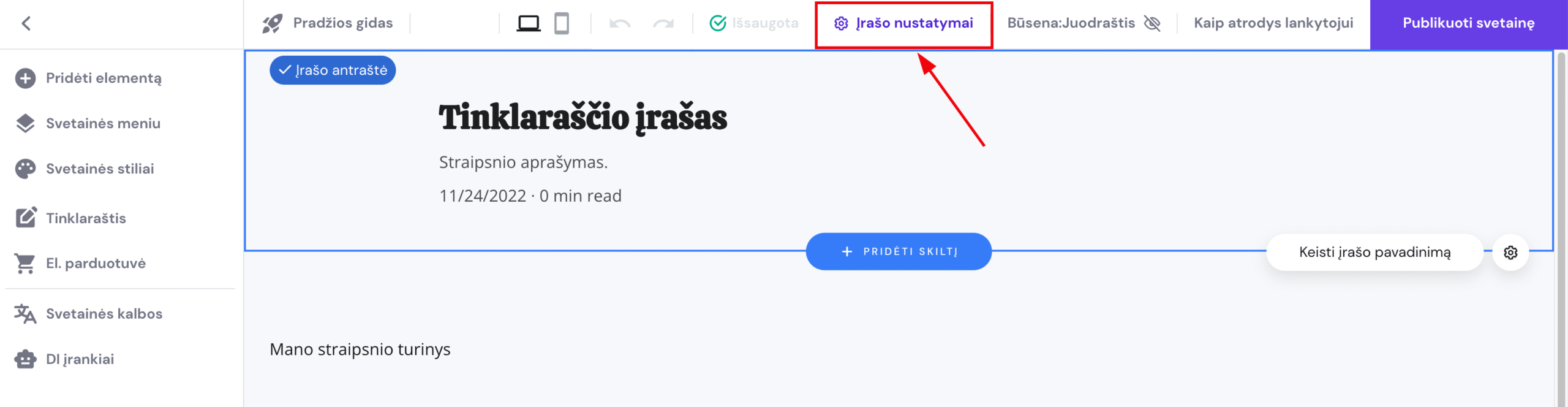 Tiknlaraščio įrašo nustatymai
