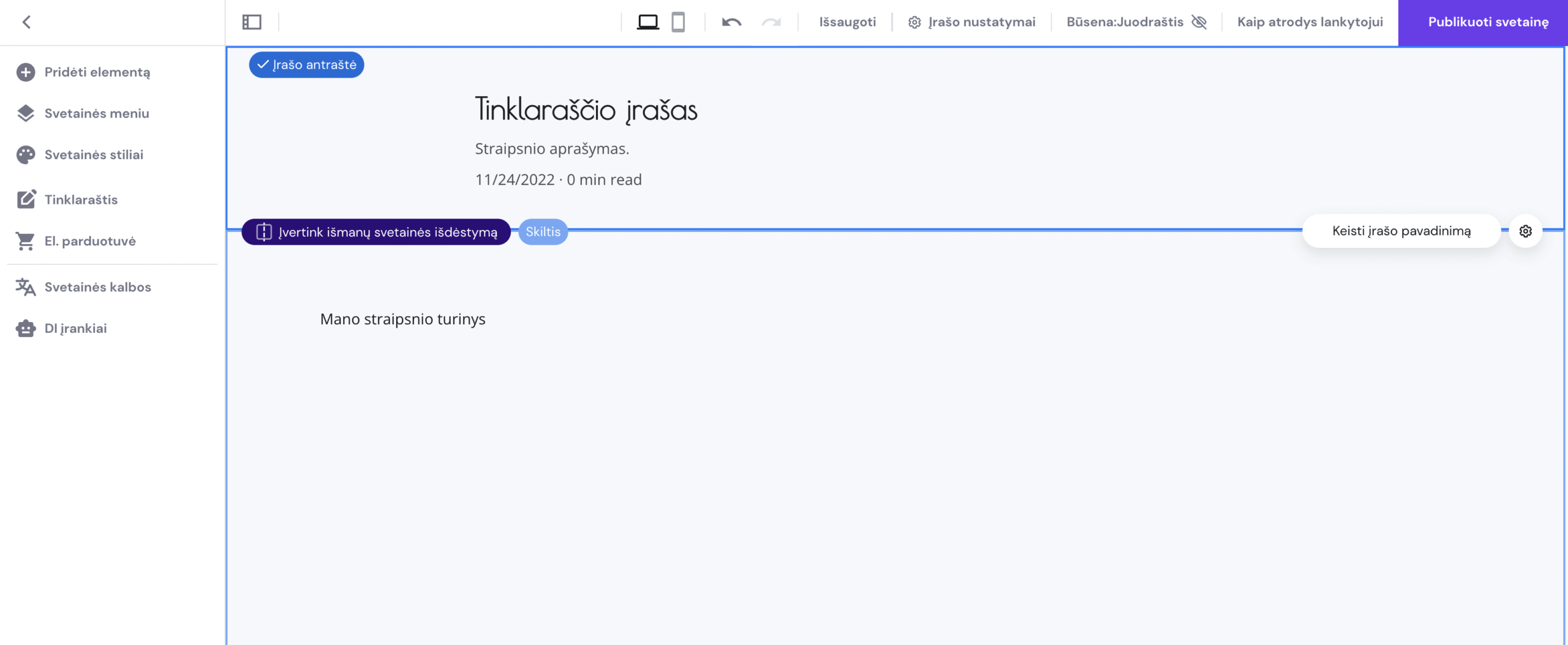 Tinklaraščio redagavimo aplinka Hostinger svetainių kūrimo platformoje
