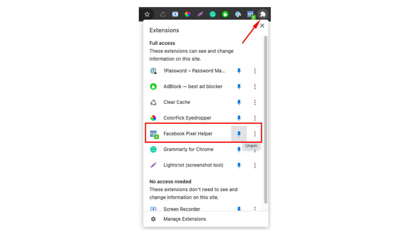 Facebook Pixel Helper įskiepis prisegamas naršyklės įrankių juostoje