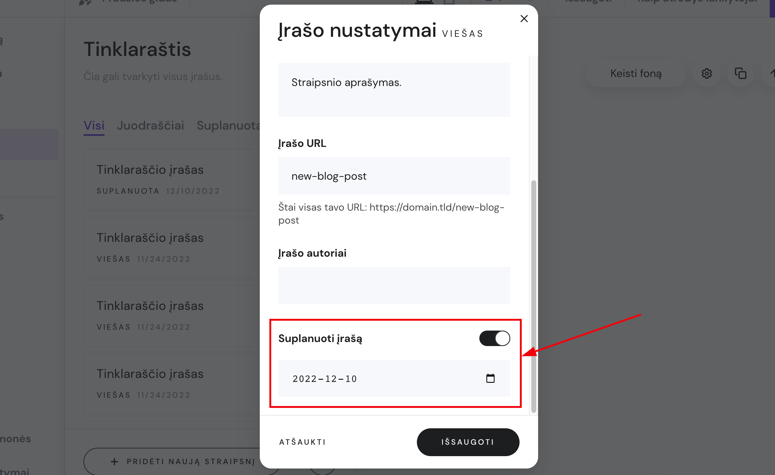 Tinklaraščio įrašo nustatymai Hostinger svetainių kūrimo įrankyje