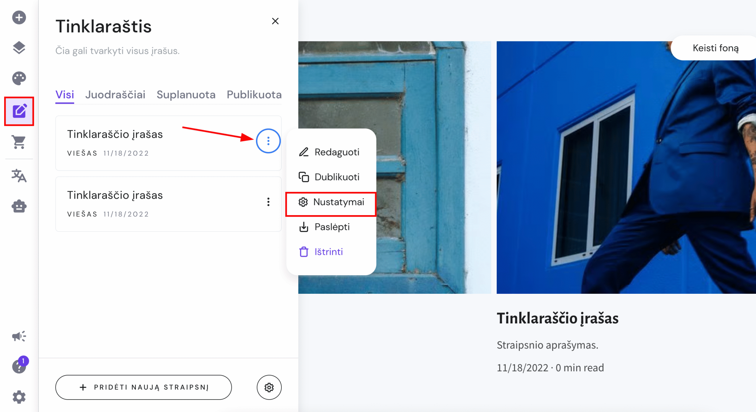 Tinklaraščio įrašo nustatymai Hostinger svetainių kūrimo įrankyje