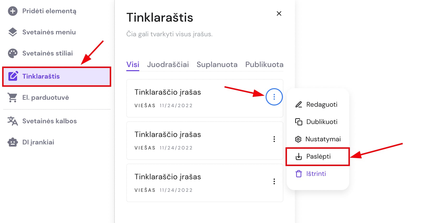 Tinklaraščio įrašo nustatymai Hostinger svetainių kūrimo įrankyje