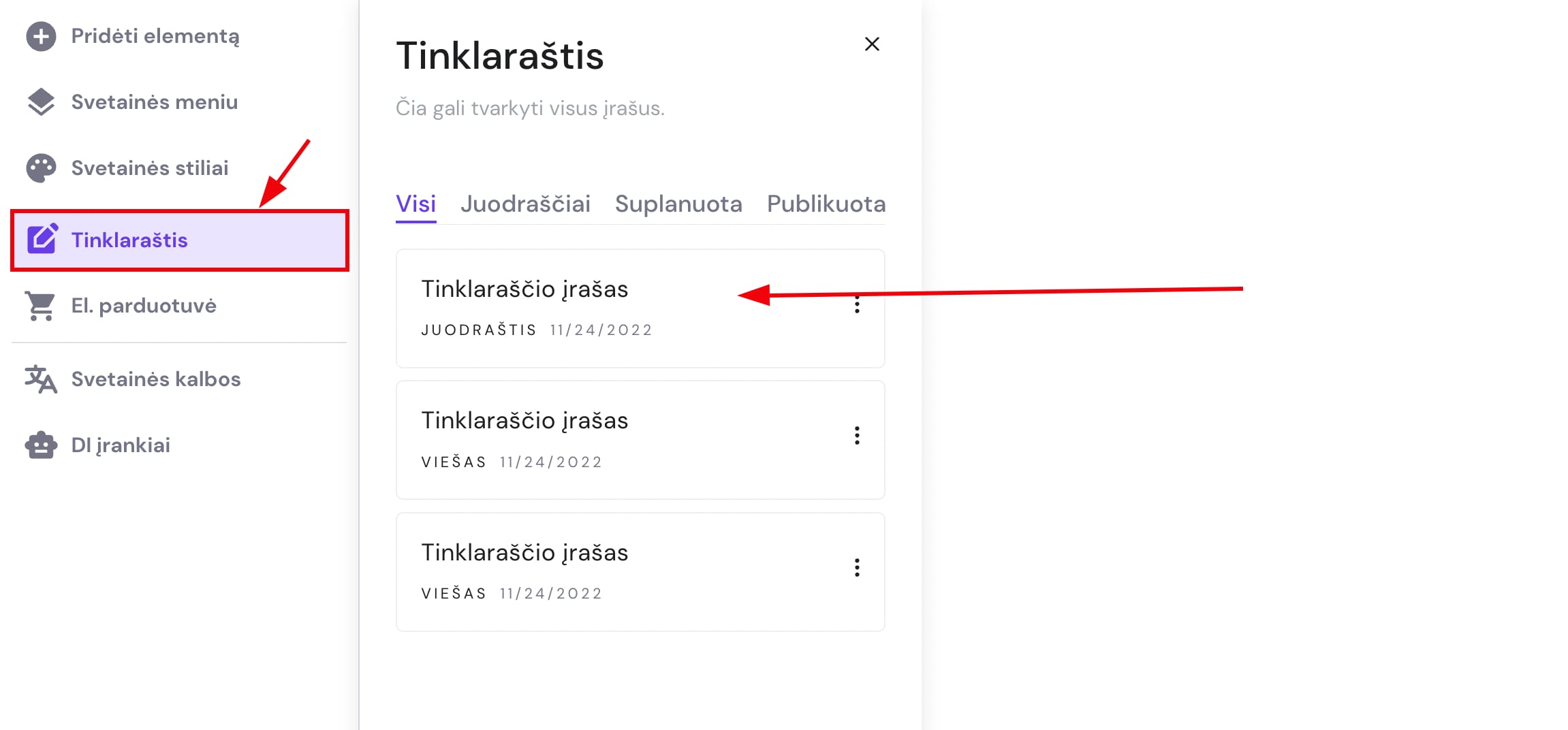 Tinklaraščio įrašų valdymo skydelis