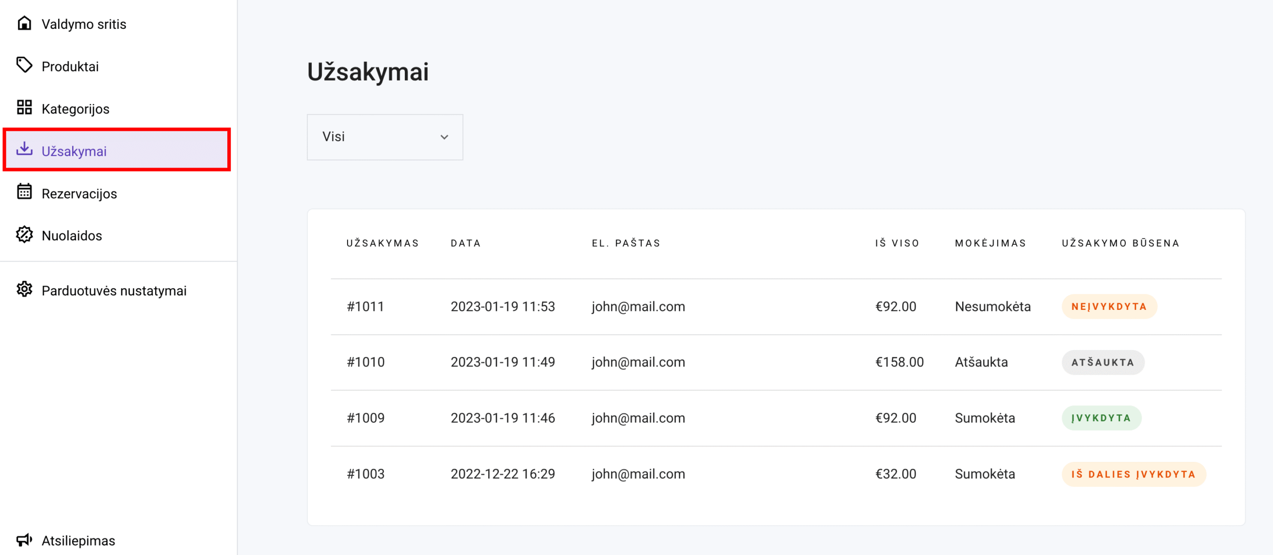 Užsakymų valdymo puslapis Hostinger svetainių kūrimo įrankyje