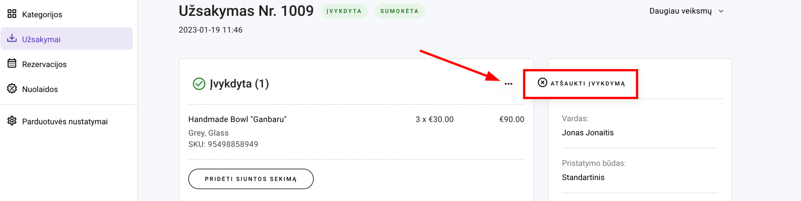 Mygtukas Atšaukti įvykdymą, esantis užsakymo puslapyje