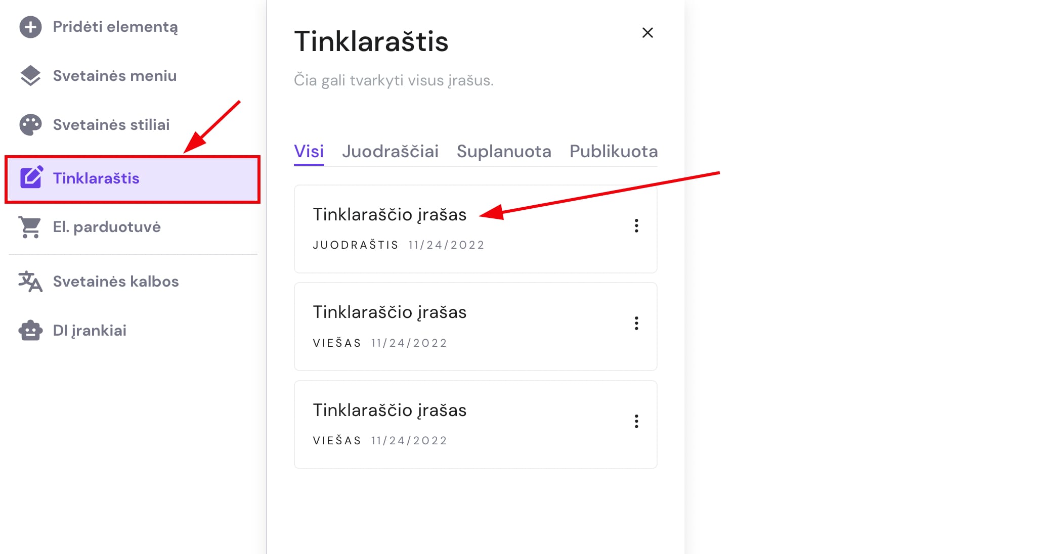  Tinklaraščio įrašų valdymo skydelis