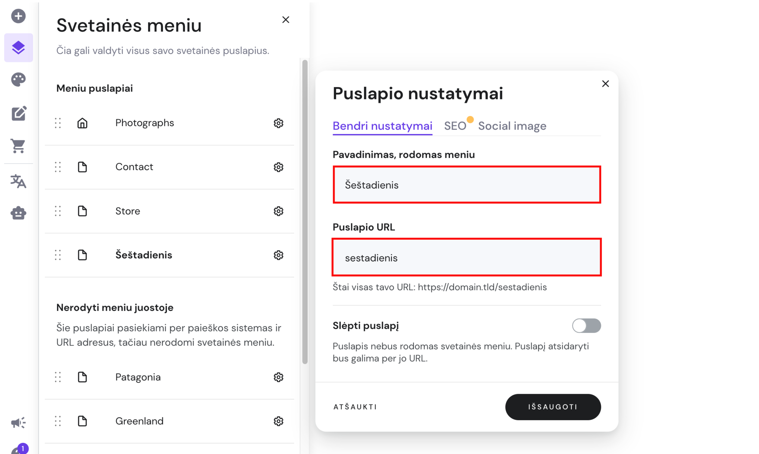 Puslapio nustatymai Hostinger svetainių kūrimo įrankyje