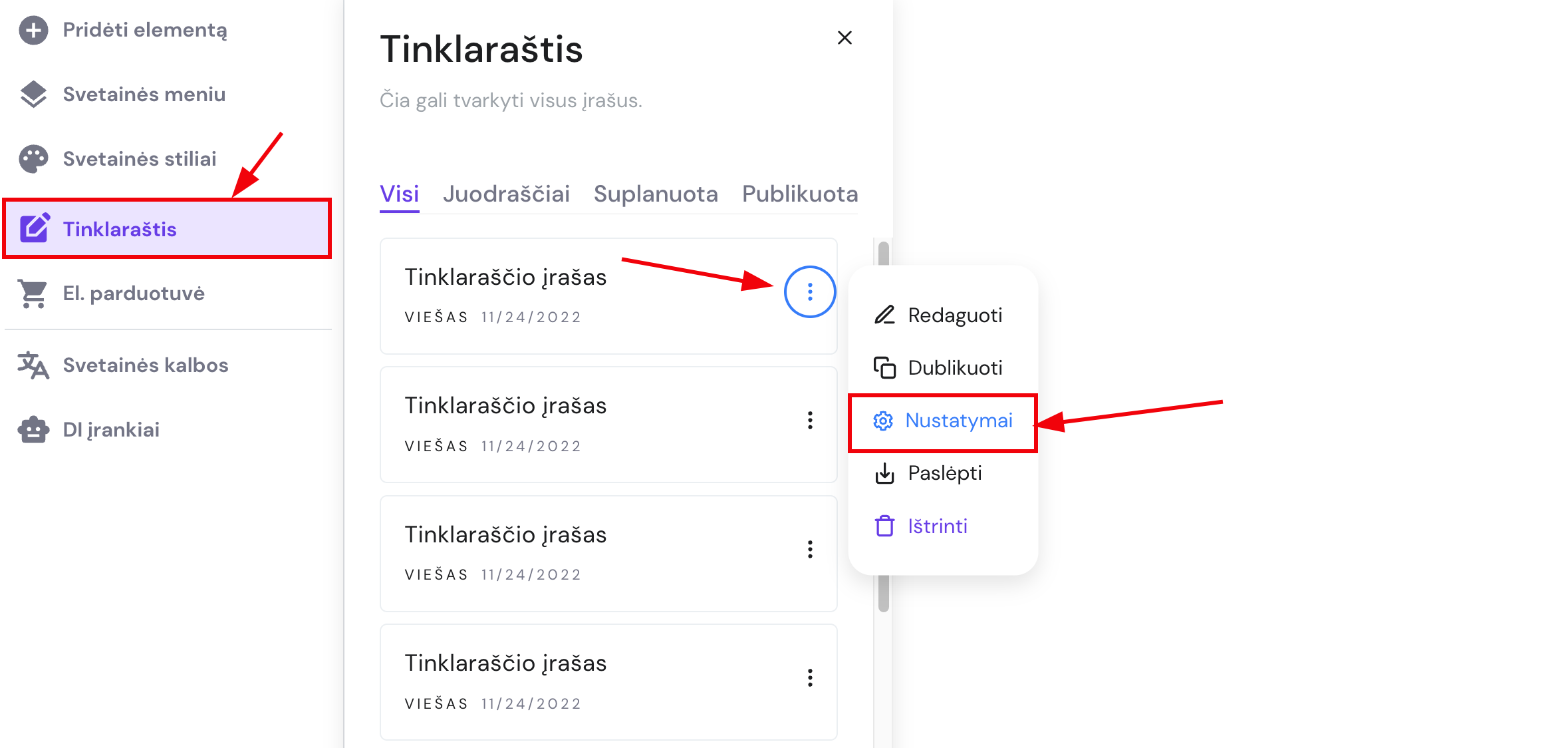 Tinklaraščio įrašo nustatymai Hostinger svetainių kūrimo įrankyje