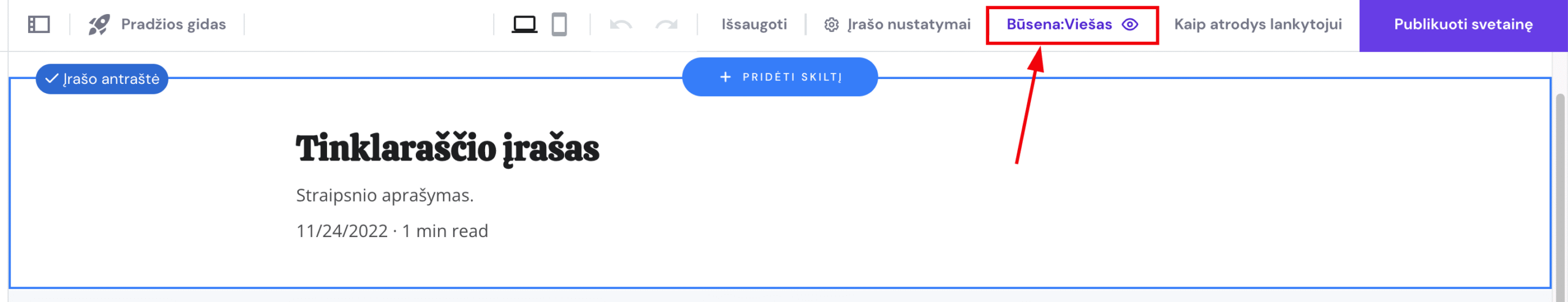 Tinklaraščio įrašo nustatymai Hostinger svetainių kūrimo įrankyje