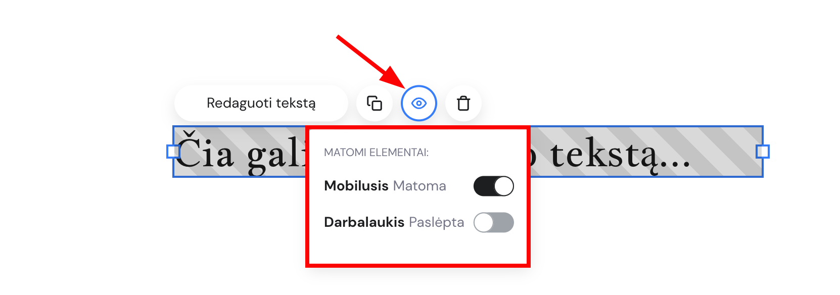 Elemento matomumo nustatymai Hostinger svetainių kūrimo įrankyje