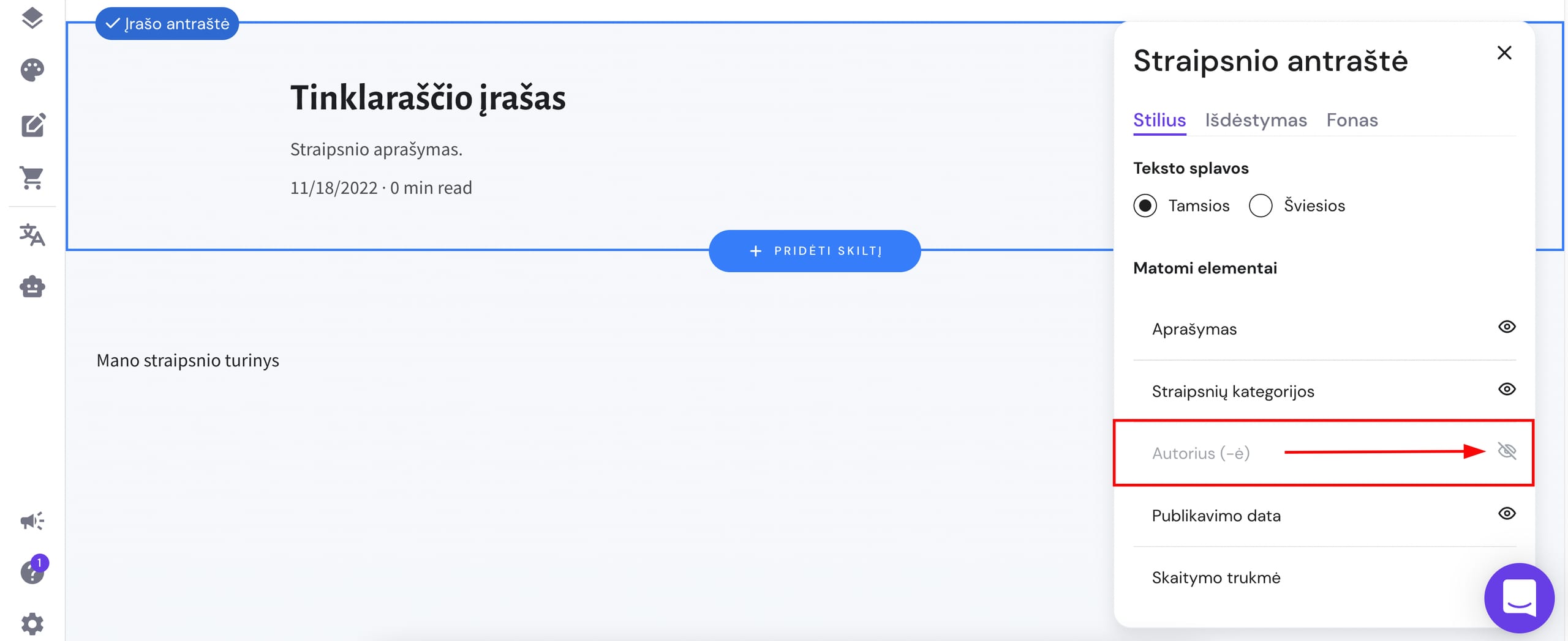 Tinklaraščio įrašo antraštės stiliaus nustatymai Hostinger svetainių kūrimo įrankyje