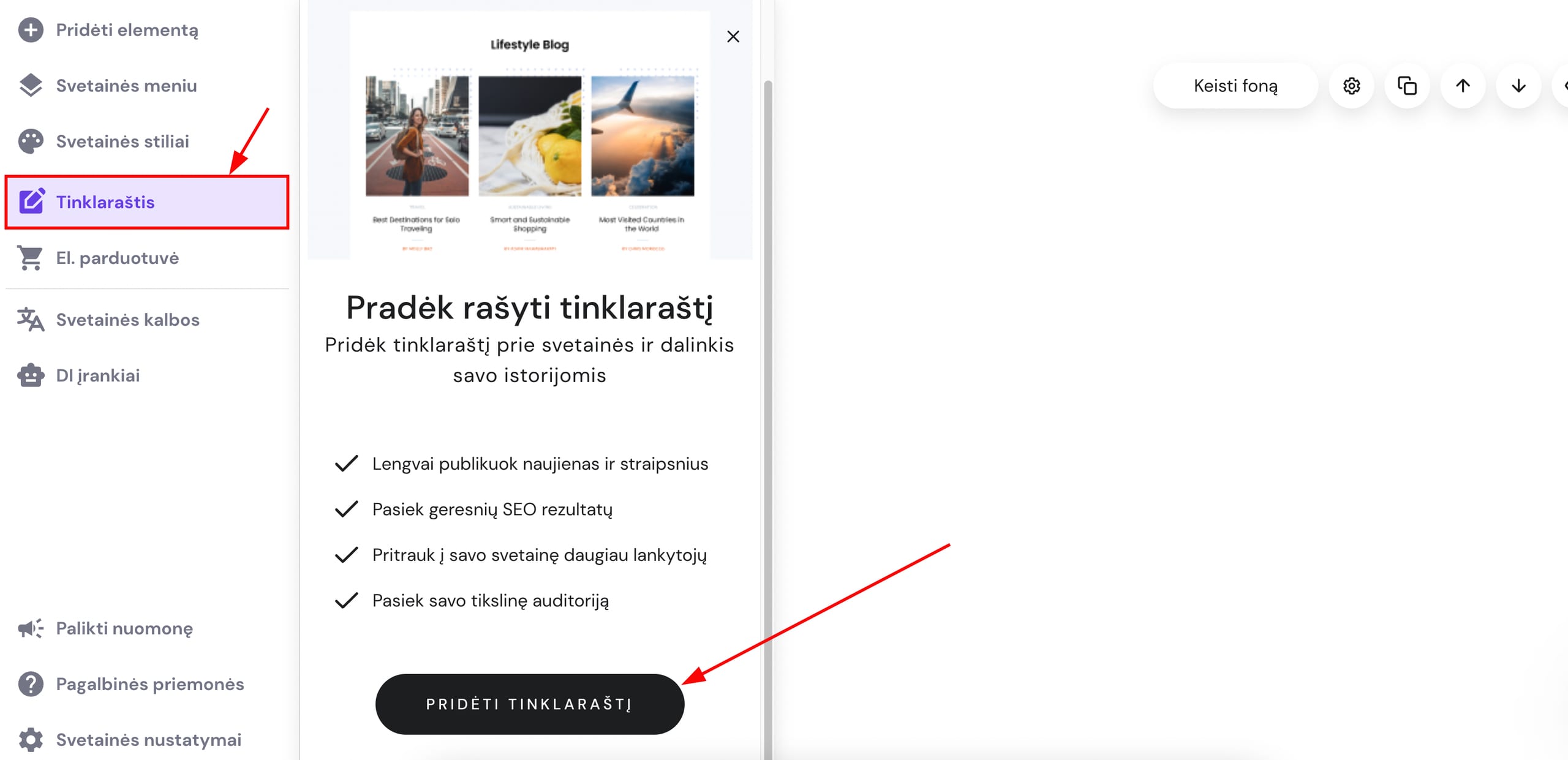 Tinklaraščio kūrimo įrankiai Hostinger svetainių kūrimo platformoje
