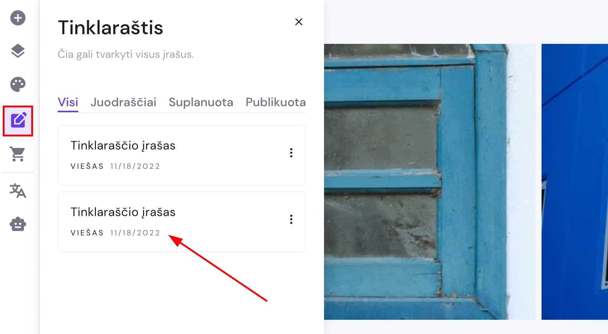 Tinklaraščio įrašo nustatymai Hostinger svetainių kūrimo įrankyje