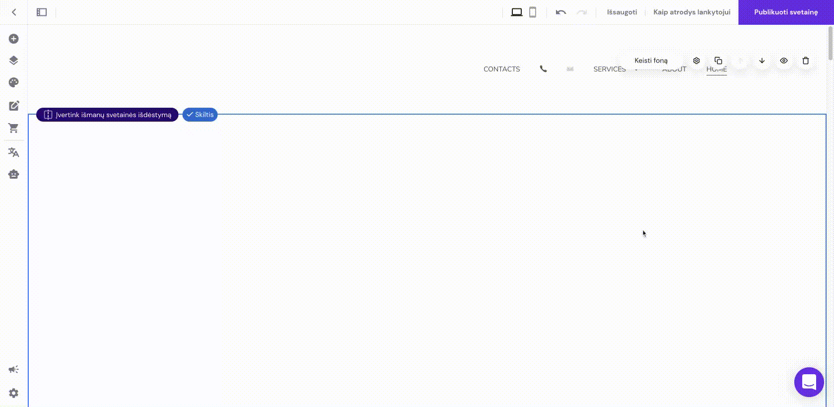 Tempiant puslapį aukštyn ar žemyn, keičiasi jo vieta svetainės meniu juostoje
