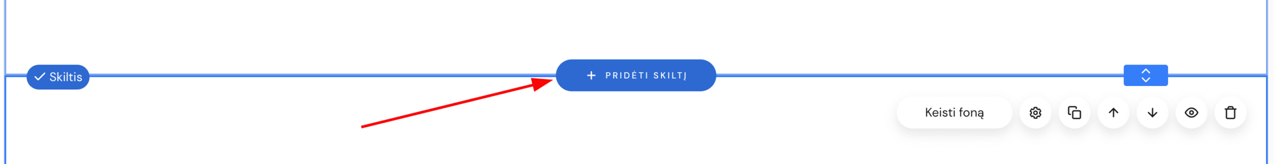 Mygtukas, skirtas pridėti skiltį, Hostinger svetainių kūrimo platformoje