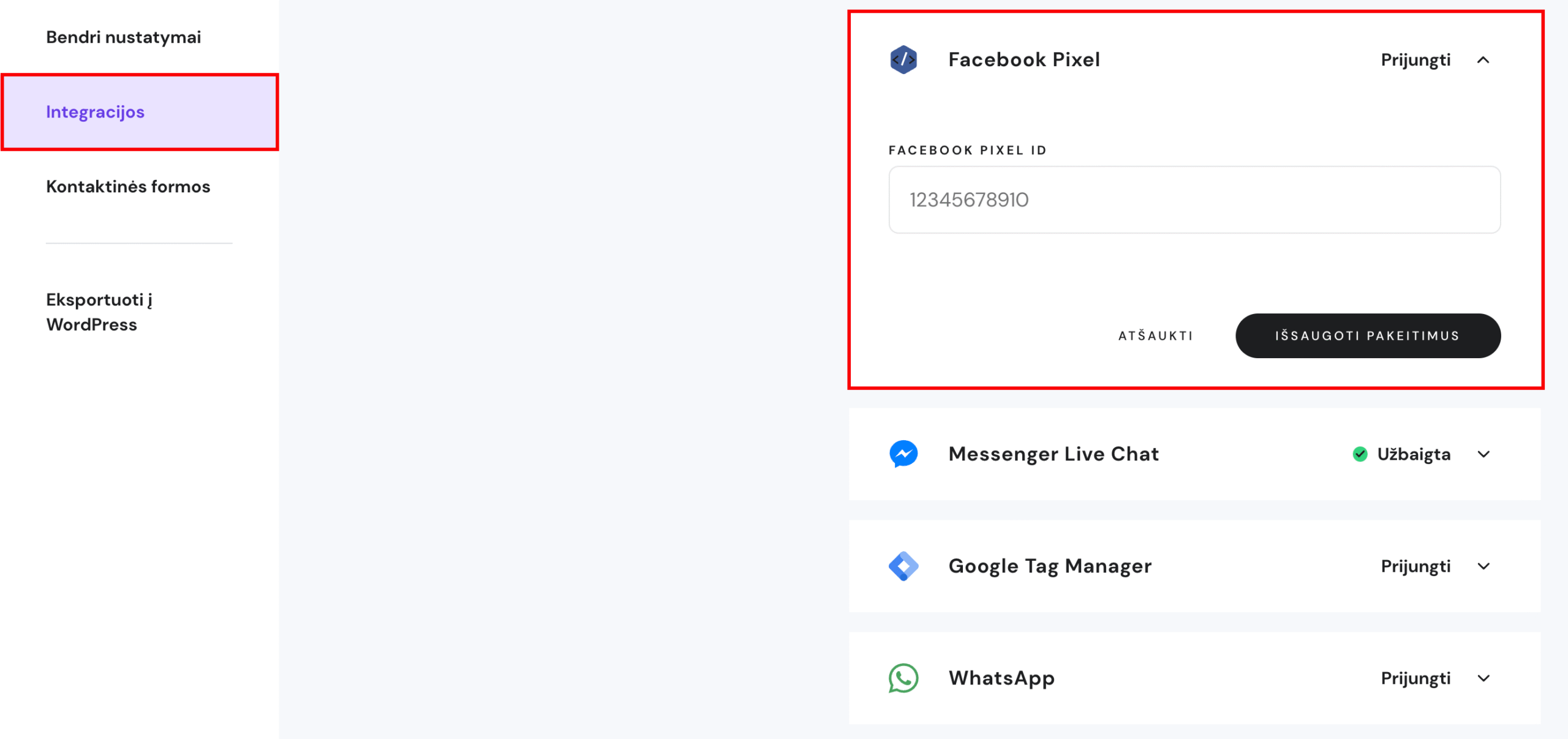 Pikselio ID įklijavimas svetainės integracijų nustatymuose