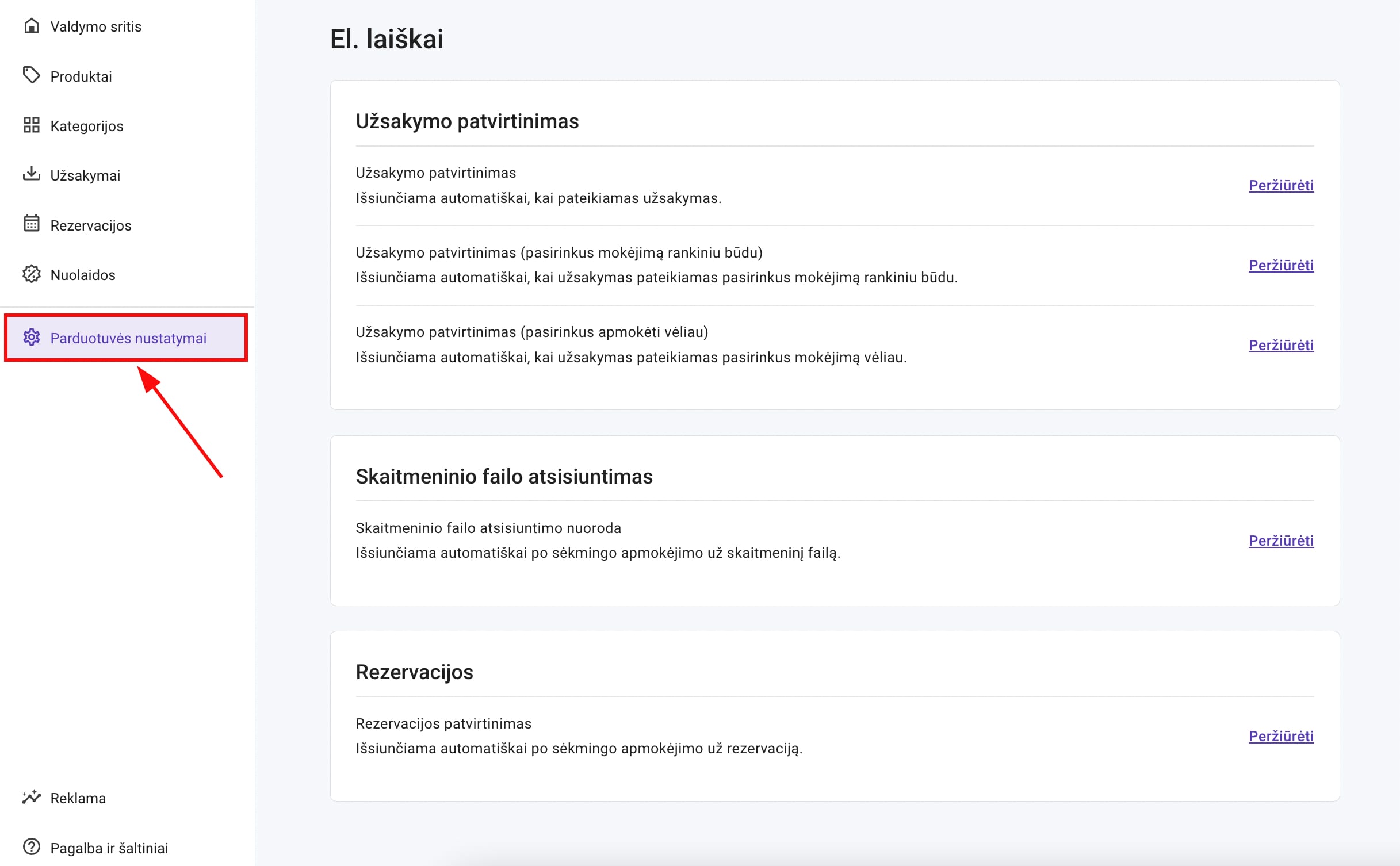 El. laiškų nustatymai el. parduotuvėje, sukurtoje naudojant Hostinger svetainių kūrimo įrankį