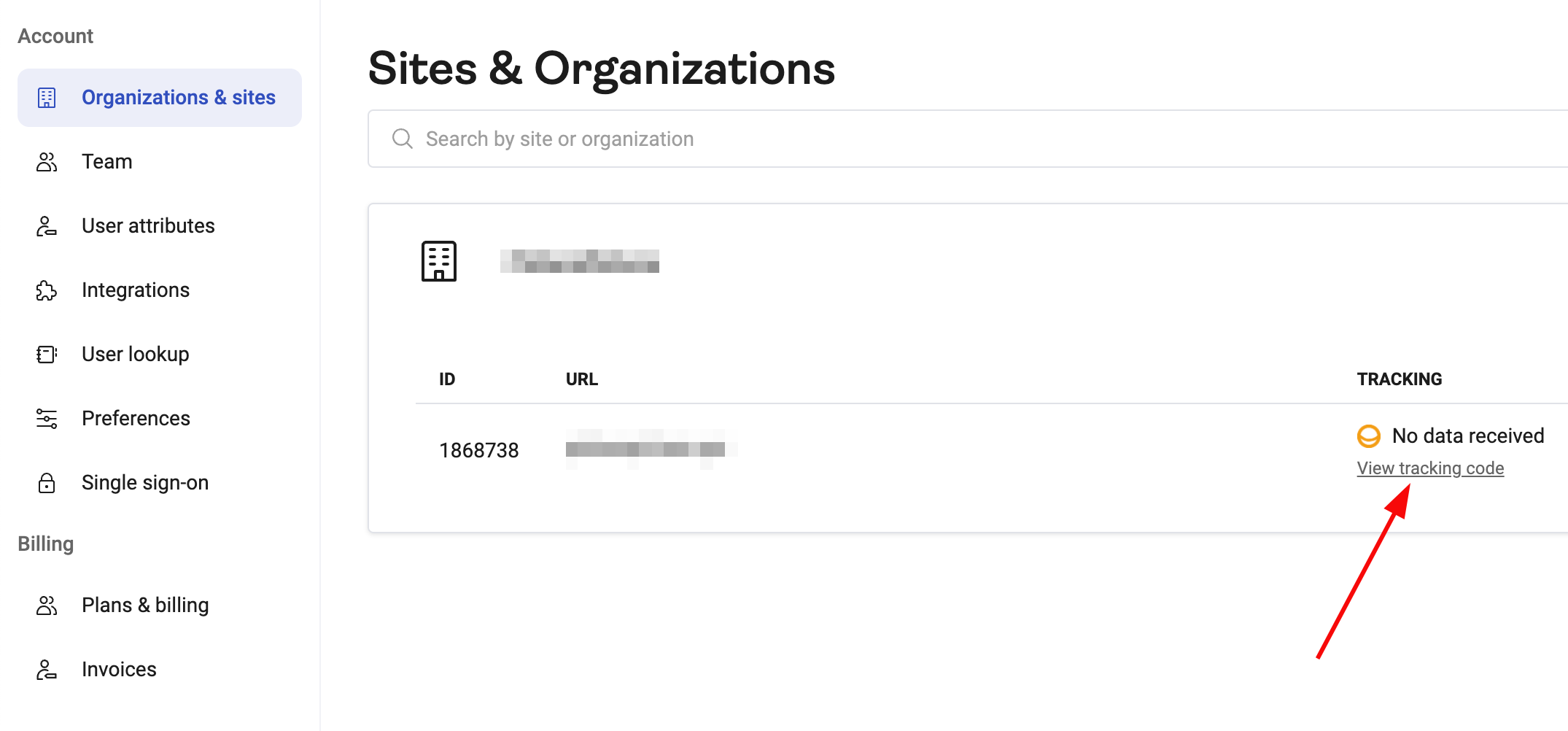 Mygtukas View tracking code, matomas Hotjar platformos skiltyje Organizations & Sites