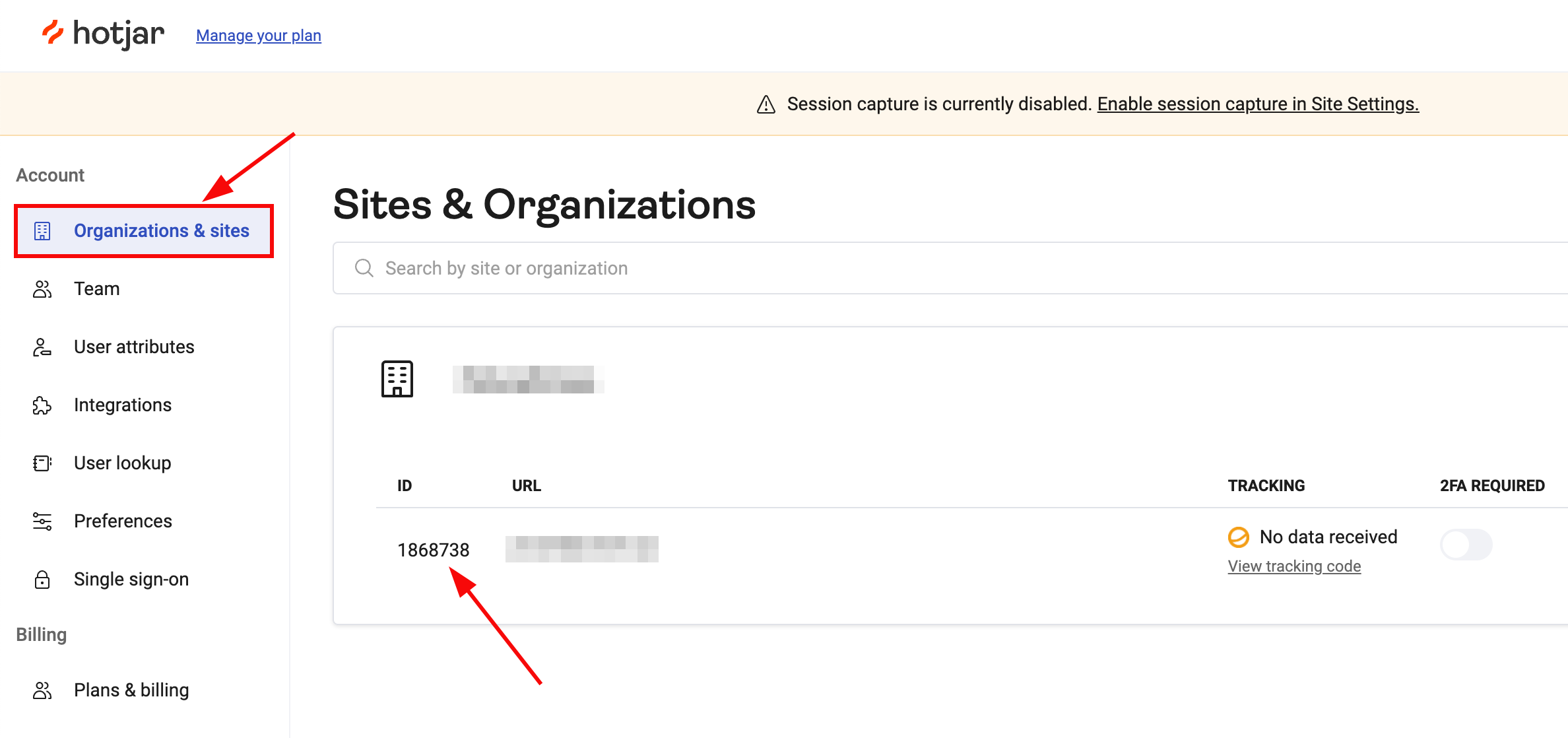 Hotjar Site ID, matomas Hotjar platformos skiltyje Organizations & sites